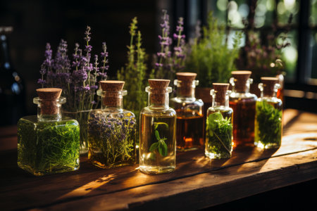 An assortment of essential oil bottles with fresh plants from which they're derived, like lavender, peppermint, and rosemary, arranged on a wooden surfaceの素材