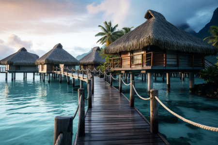 The piers with thatched huts in the sea at bora boraの素材