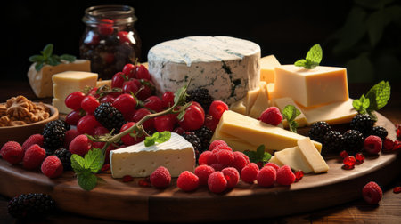 Various types of cheese and berries cheese and meatsの素材