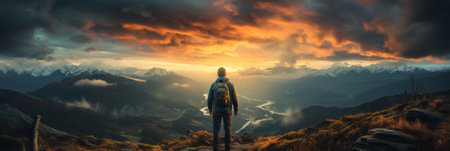 Success man hiker hiking on sunrise mountain peakの素材