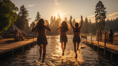 Friends leaping off a wooden dock into a sparkling lakeの素材