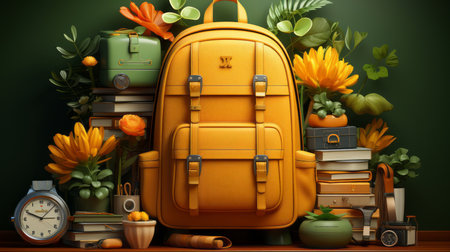 school supplies with a backpack, in the style of dark yellow and light greenの素材