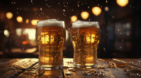 Shiny wet glasses full of beer with high foam on a bar tableの素材