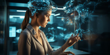 Medical technology. Health care, Medicine doctor using virtual reality headset with robots to research and testing result of patients on virtual interface, VR, innovation and science to futureの素材