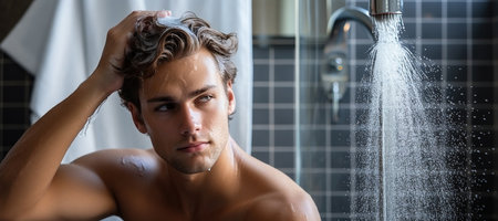 Handsome young man applying shampoo on his hair, preparing for a washの素材