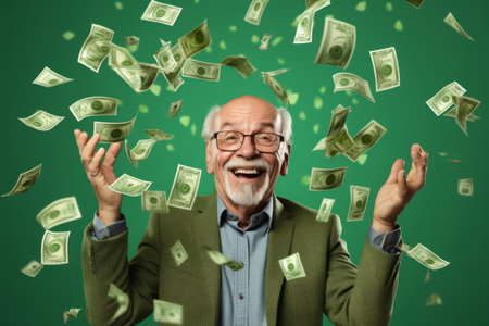 senior man and flying money on studio green backgroundの素材