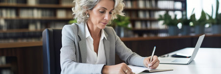 Mature businesswoman writing in her diary in an officeの素材