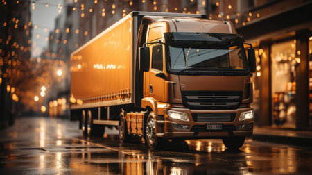 Modern truck filled with shipping boxes in a warehouse bay: logistics and delivery.の素材