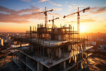 construction site and sunset, structural steel beam build large residential buildingsの素材