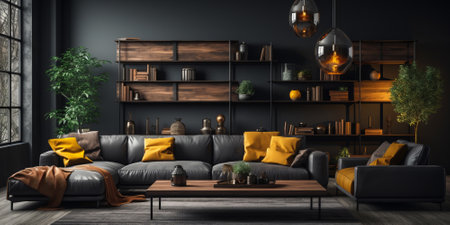Studio apartment with black walls. Interior design of modern living roomの素材