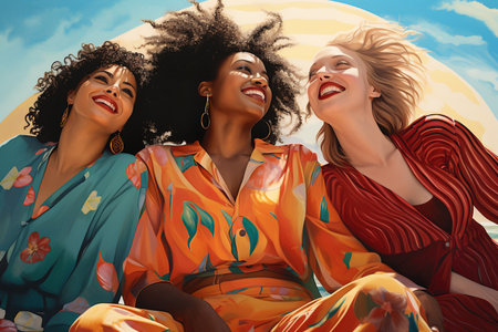 four women pose in a beach, in the style of bold curves, low-angle, joyful and optimistic, multicultural, close upの素材