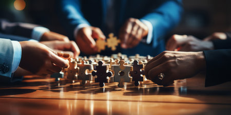 Teamwork and partnership concept. Businessman hold jigsaw puzzle pieces with teamwork icon. Business solution. Development. Unity and cooperation, Strategy and target of business growth.の素材