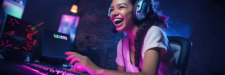 Esports and online gaming: Woman live streaming her video game sessionの素材