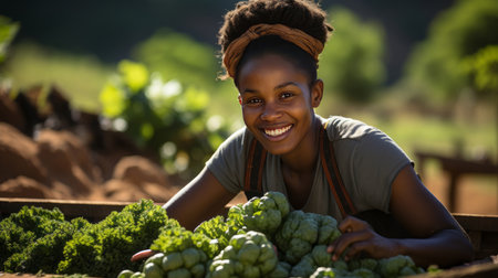 woman harvests vegetables in her garden.の素材