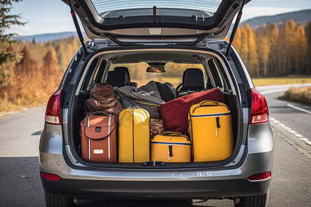 Suitcases and bags in trunk of car ready to depart for holidaysの素材