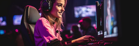 Esports and online gaming: Woman live streaming her video game sessionの素材
