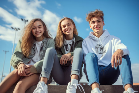 portrait of 3 smiling teenagers wearing jeans and sneakers sitting on the wall, blurred blue sky backgroundの素材