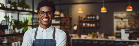 Successful small business owner smiling happilyの素材