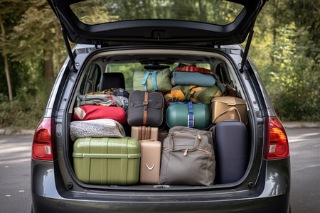 Suitcases and bags in trunk of car ready to depart for holidaysの素材