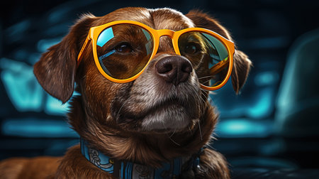 a dog with a pool ring with sunglasses on its nose, in the style of light indigo and yellowの素材