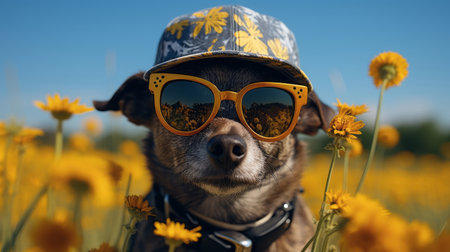 cute dog in a funny outfit and sunglassesの素材
