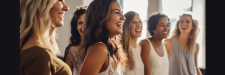 Group of female friends dancing in a studioの素材