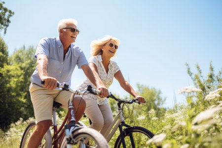 Happy older couple explores nature by bike on sunny day.の素材