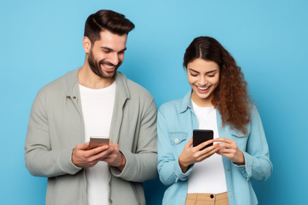 woman and man with phone on blue backgroundの素材