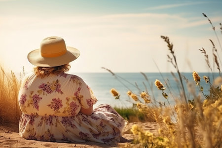 A fat woman enjoys her vacation. sitting relaxing on the beach, In the background the beach and the sea.の素材