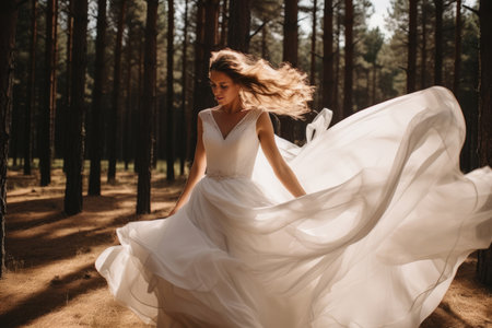 whirling bride holding veil skirt of wedding dress at pine forestの素材