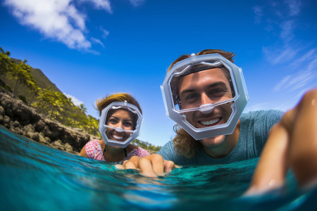 happy couple snorkeling in a wonderful coral reefの素材