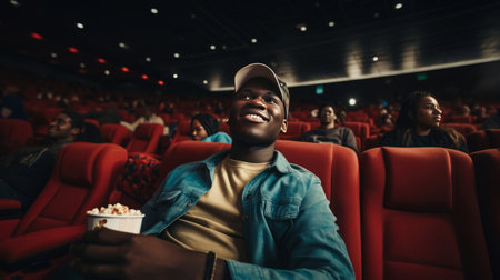 Black man eating popcorn in a movie theater, sitting and eating popcornの素材