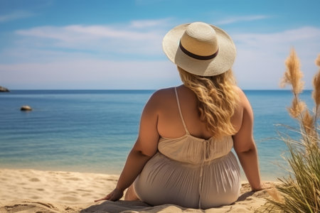 A fat woman enjoys her vacation. sitting relaxing on the beach, In the background the beach and the sea.の素材