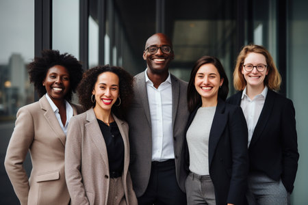 Diverse businesspeople standing together against a wallの素材