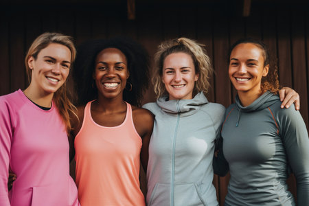 Living a fitness lifestyle Happy female athletes wearingの素材