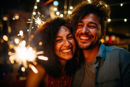 Pair of smiling, fun-loving friends celebrate and have a blast with sparklers and Bengal lights in a party-ready studio settingの素材
