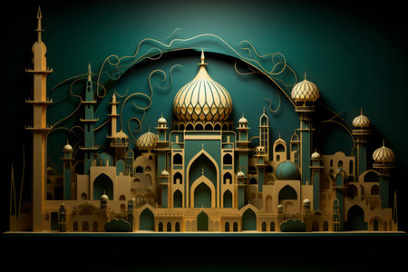 a multidimensional paper cutout, grand mosque, eid al adha, midnight green and earth yellow colorの素材