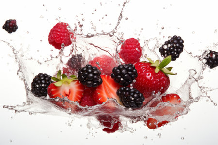 close up of raspberry, strawberry, blackberry splash in airの素材