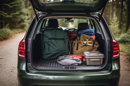 Suitcases and bags in trunk of car ready to depart for holidaysの素材