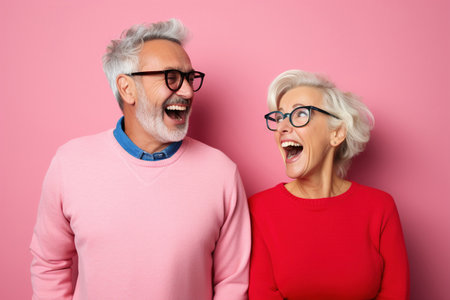cheerful middle aged woman and her husband pensioner reacts on shocking newsの素材