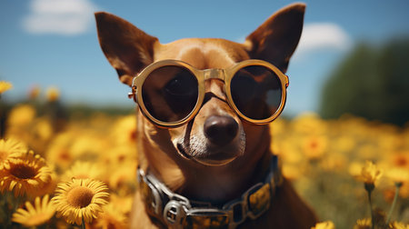 cute dog in a funny outfit and sunglassesの素材