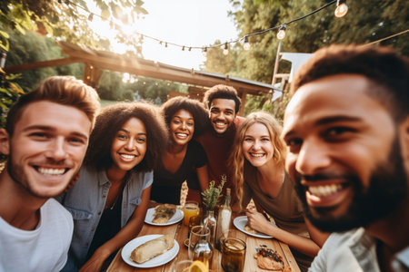 Group selfie at outdoor dinner partyの素材