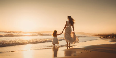 Mother and daughter playing on the beachの素材
