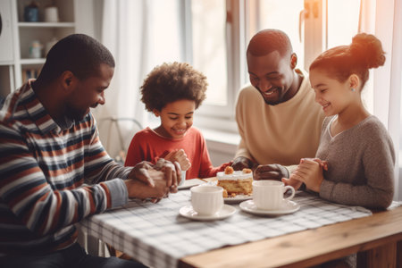 Happy multiracial family couple with children pray together before having morning breakfast at home together. Multiethnic parents with mixed race kids hold hands say prayer sit at kitchen tableの素材