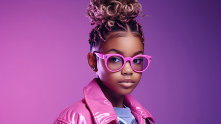 Fashion young african girl black woman wear stylish pink glasses clothes looking at camera isolated on party purple studio backgroundの素材