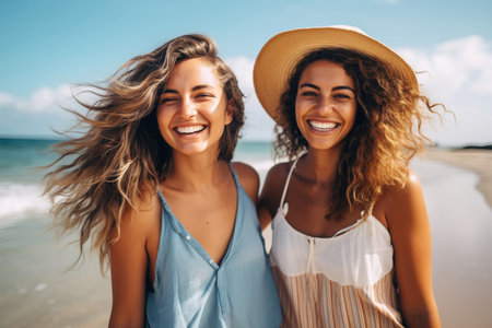 Happy female friends standing on beach waterの素材