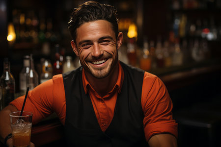 portrait smiling bartender mixes a cocktail in a shakerの素材