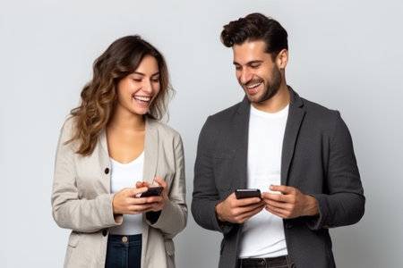 woman and man with phone on white backgroundの素材
