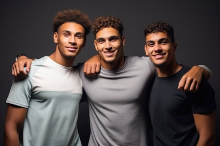 Group of diverse young men with glowing skin standing together in a studioの素材