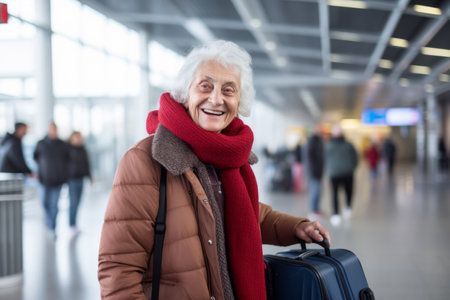 very happy old woman at airport terminalの素材